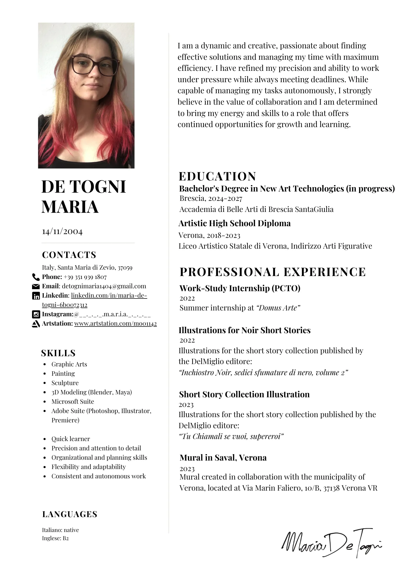 Curriculum di De Togni Maria